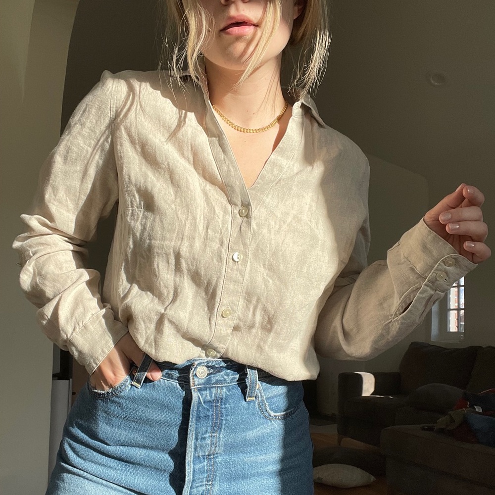 Beige Linen Button Down
